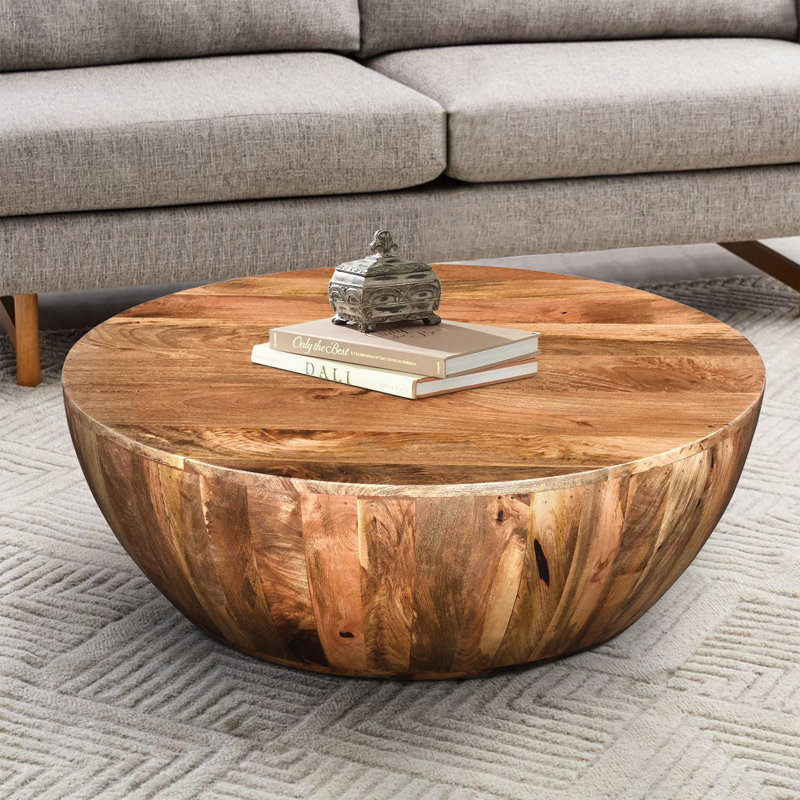 Rustic Mango Wood 35.5" Round Outdoor Drum Coffee Table in Dark Brown