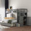 Lit superposé simple au-dessus de double / simple avec tablettes de rangement, tiroirs et garde-corps gris-1749010877