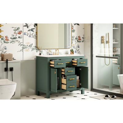 36-Inch Modern Bathroom Vanity With Cabinet, Ceramic Sink, 2 Soft-Close Cabinets, 4 Drawers, Slide Rails Finish, Cabinets For Storage, Solid Pine Frame, Pre-Drilled Overflow Basin