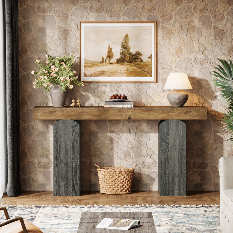 63" Long Entryway Table, Farmhouse Console Table, Brown/Dark Gray