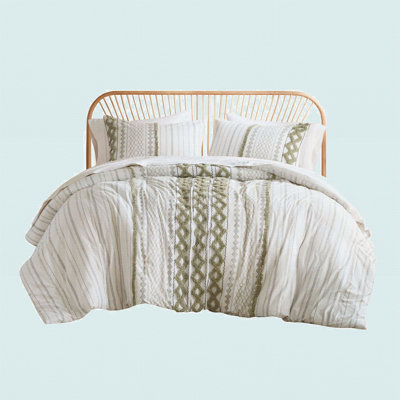3 PCS Cotton Printed Comforter Set With Chenille Sage/Ivory