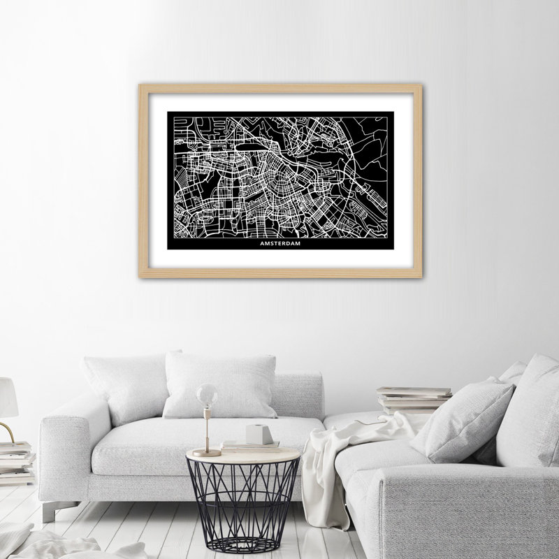 Amsterdam City Map 1 Piece Single Picture Frame Wall Art, 20cm H x 30cm W, Light Brown