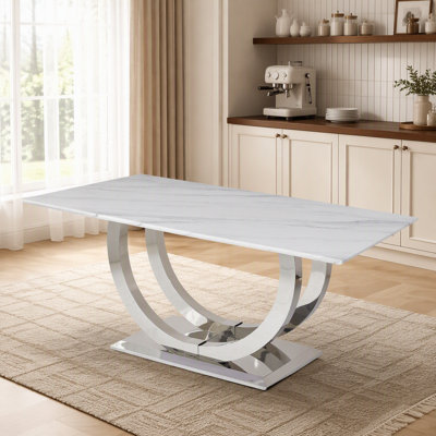 Table de salle à manger rectangulaire de 69,30 pouces, moderne simple, plateau en marbre, plateau en panneau de fibres à densité moyenne, surface de miroir en acier inoxydable de couleur argent, pouvant accueillir 4 à 6 personnes, motif en marbre blanc, miroir argenté.