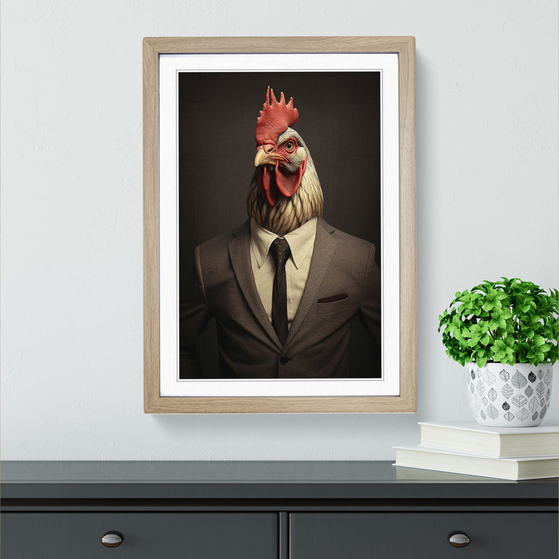 Chicken Minimalism No.2 - Single Picture Frame Print on Wood, Oak Framed, 64cm H x 46cm W x 2cm D