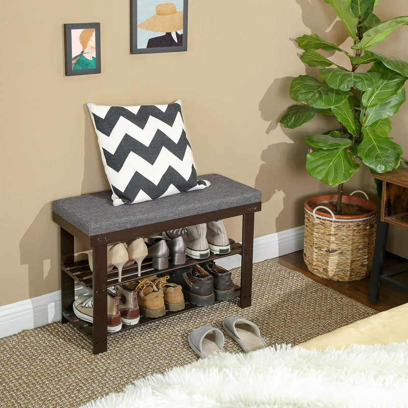 6 Pair Shoe Storage Bench, Dark Walnut/Gray