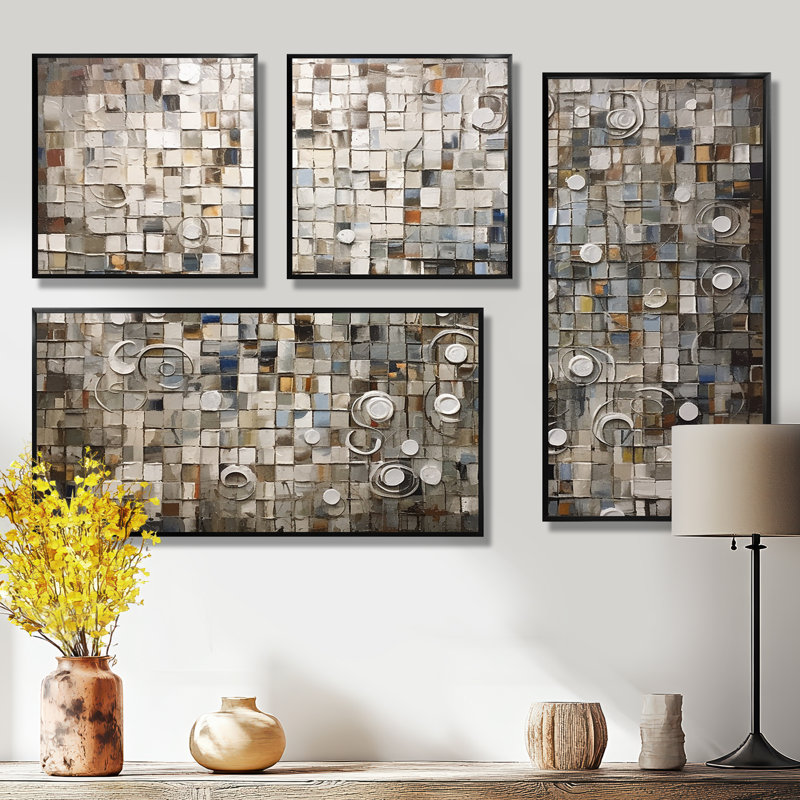 Mélange bohémien brun et blanc - mosaïque géométrique sur toile 4 pièces, Impression encadrée sans passe-partout, Noir