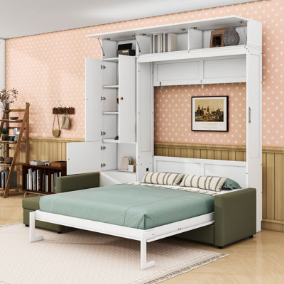 Grand lit escamotable avec canapé en L et tablettes de rangement