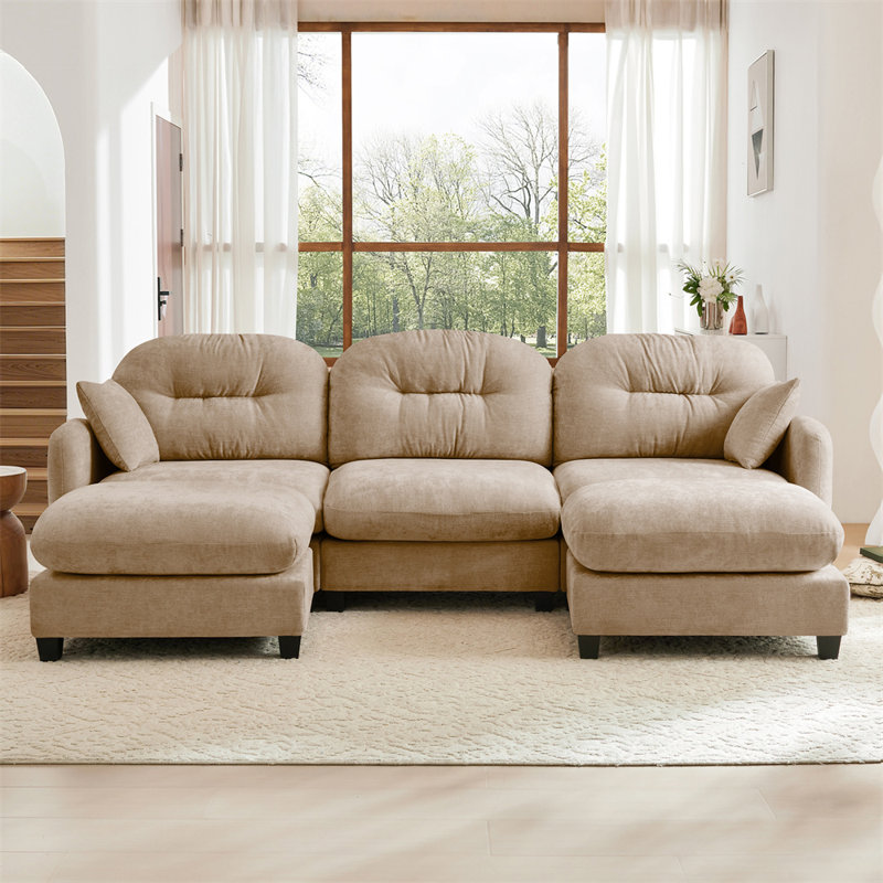 3-Seater Sofa with Ottoman, Camel Chenille