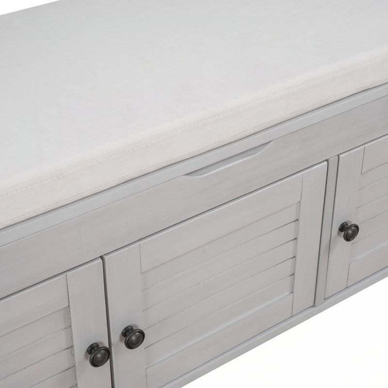 Banc de rangement avec 3 portes en forme de volet, banc à chaussures avec coussin amovible et espace de rangement caché (gris délavé)