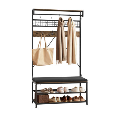 Arbre d'entrée, portemanteau 72 po avec banc à chaussures, range-chaussures autoportant à 2 niveaux avec crochets, tringle à suspendre et tablette grillagée, porte-manteau d'entrée en acier pour l'entrée, la chambre à coucher, le placard