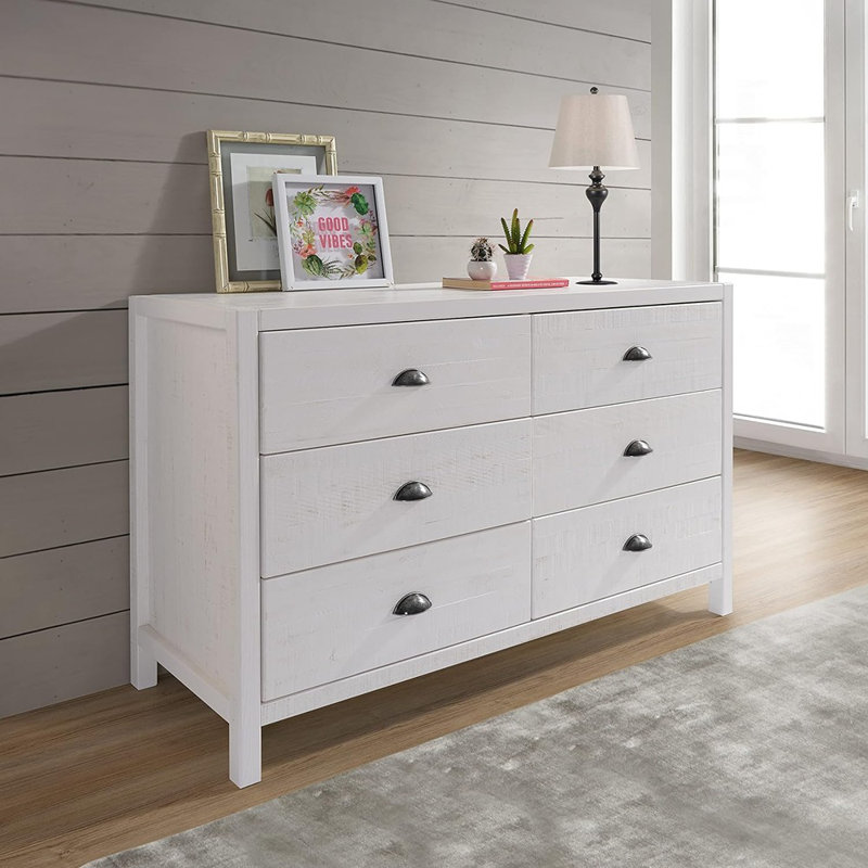 Commode double en bois massif à 6 tiroirs Arranda, Blanc marin