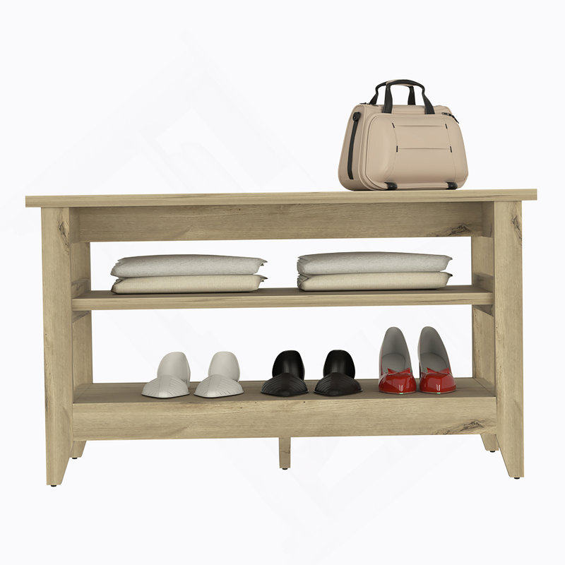 Banc de rangement, quatre pieds, deux tablettes ouvertes - chêne clair