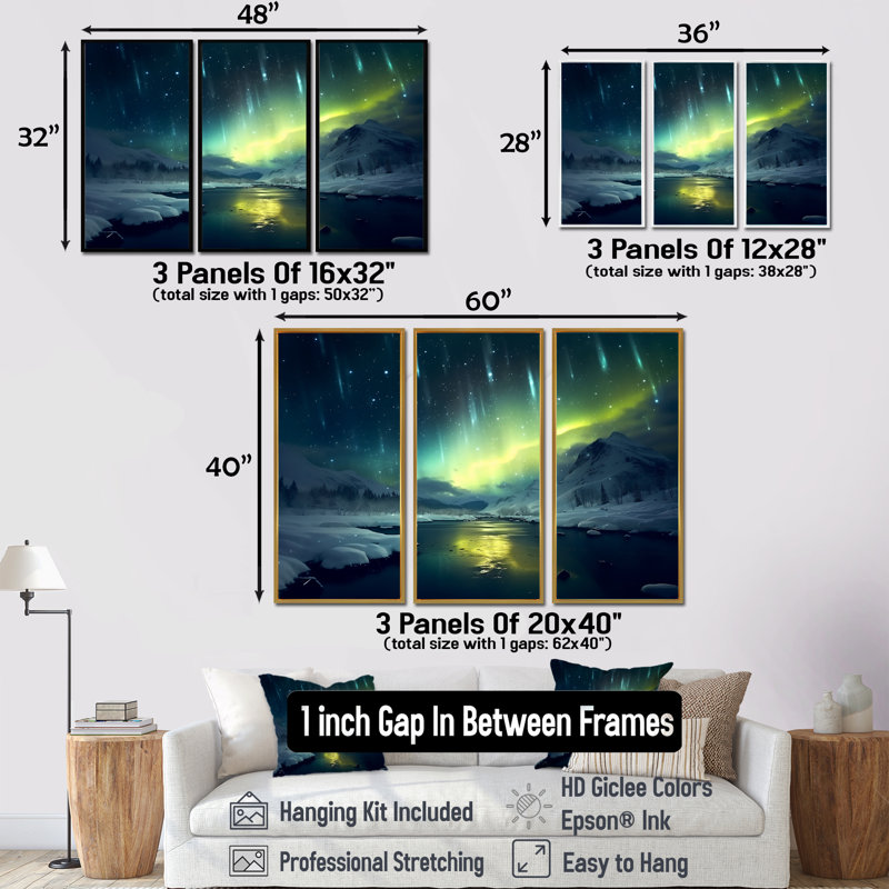 «Green Northern Lights River Snow Landscape - Aurora Borealis», ensemble de décorations murales, Cadre flottant brun