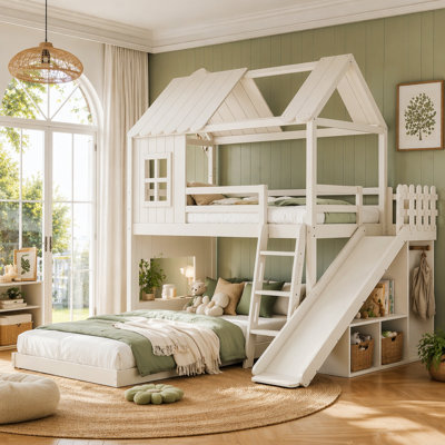 Full over Full House Bunk Bed with Storage Bookshelf and Drawer, Solid Wood Bunk Bed with Roof and Windows, Childlike Playhouse And Detachable Design.White & Pink