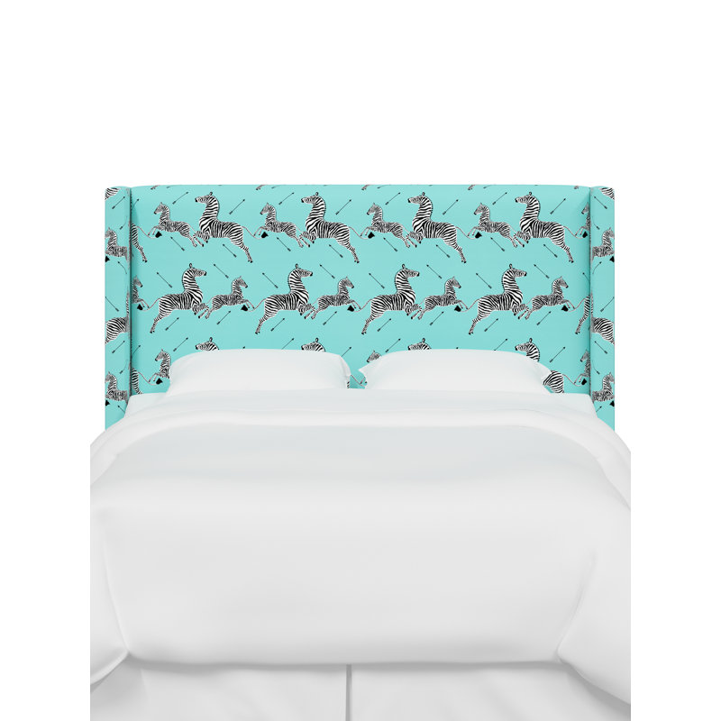 Hudson Upholstered Wingback Headboard, Scm Zebras Aqua Linen, Queen