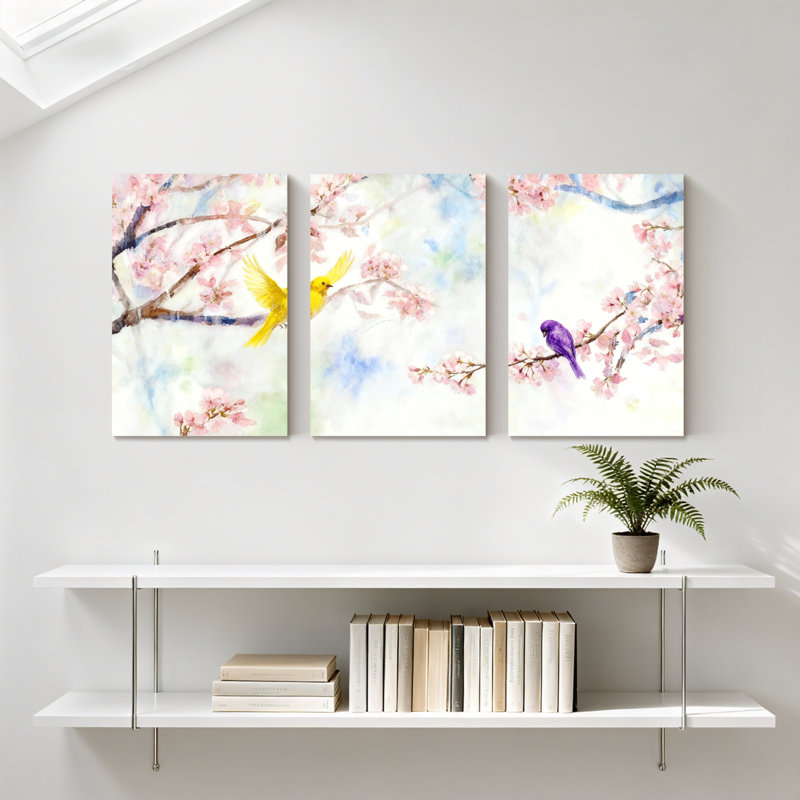 «Birds Cherry Blossoms Birds Spring», ensemble de 3 impressions sur toile, H 18 po x l 36 po