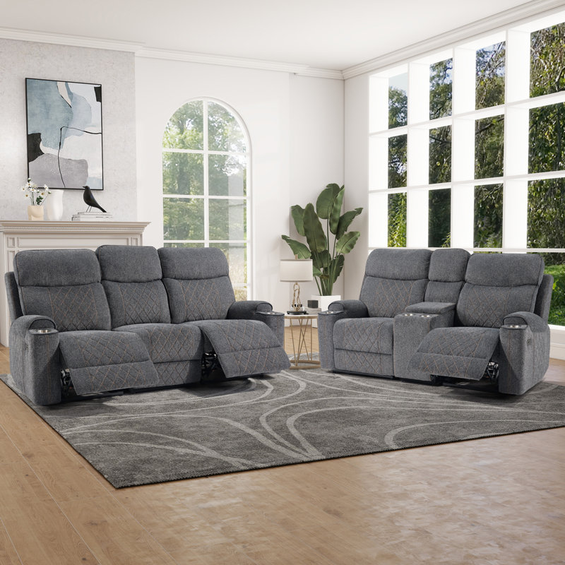 Ensemble de salon 2 pièces inclinable électrique en chenille 2 pièces, 2 Pcs: Loveseat, Sofa