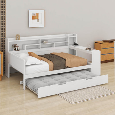 Wooden Twin Size Daybed With Storage Shelves,Built-In Desk And Trundle Bed,Multi-Functional Bed With Study Desk