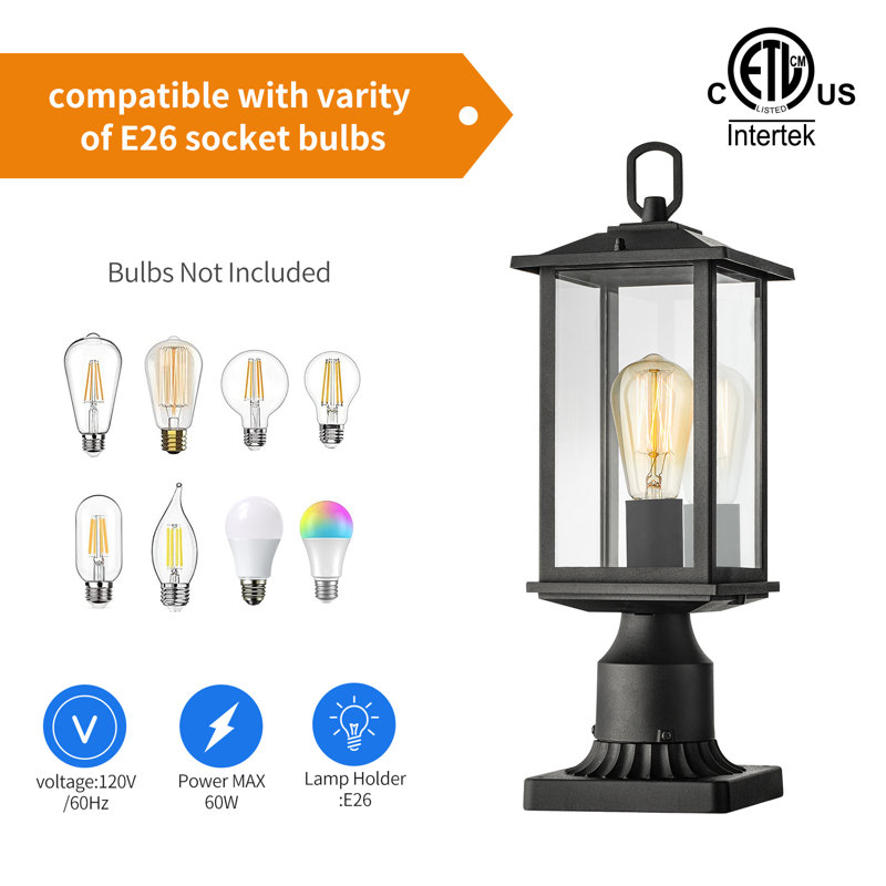 16" Outdoor Post Lights, Pole Lamp for Outside, Lamp Post Light Fixture with Pier Mount Base, Matte Black