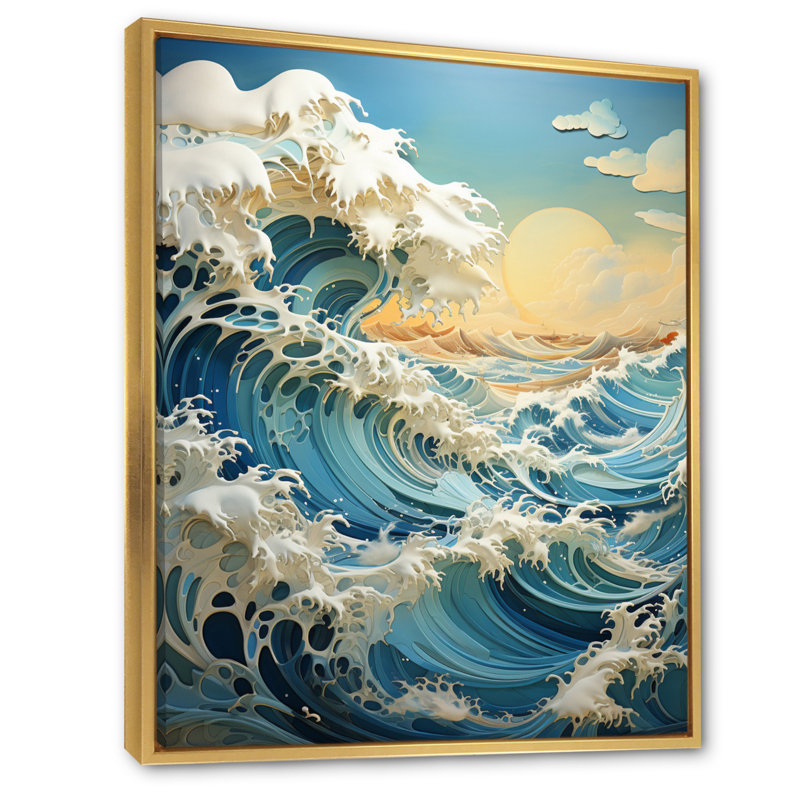 Blue Kinetic Waves II - Nautique et plage, reproduction d'art mural, Cadre flottant doré, H 20 po x l 12 po x P 1 po