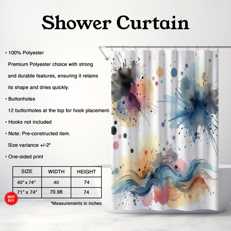 Rideau de douche 1 pièce Colorful Brush Strokes, H 74 po x l 71 po
