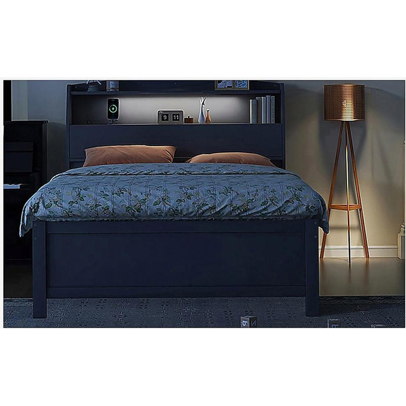 Lit plateforme en bois à DEL avec tête de lit et tiroirs de rangement, Gris, Lit double