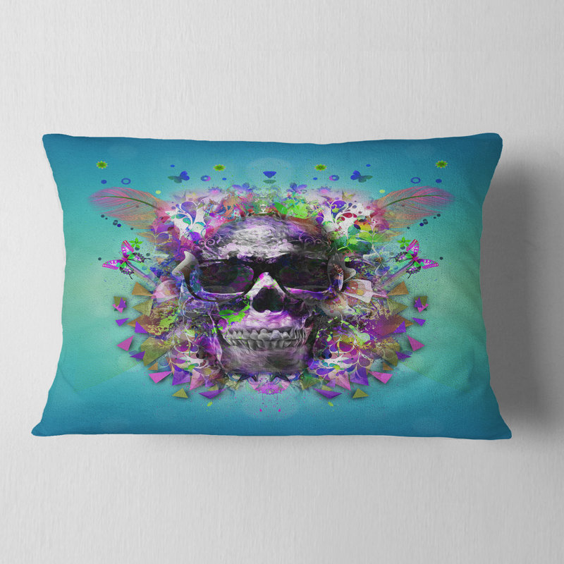  Abstract Skull with Glasses and Butterflies Lumbar Pillow