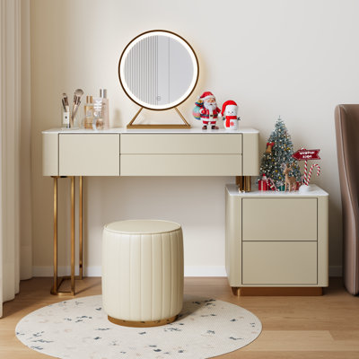 Basra 3-Piece Beige Storage Makeup Vanity Sets with Mirror and Stool,Dressing Table