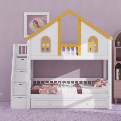 House Bunk Bed With Staircase And Trundle, Solid Wood Bunk Bed Frame With Storage