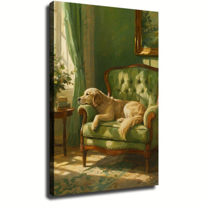 Golden Retriever Resting On Vintage Green Armchair Sunlit Cottage Impasto Print Gallery Wrapped Canvas Wall Art