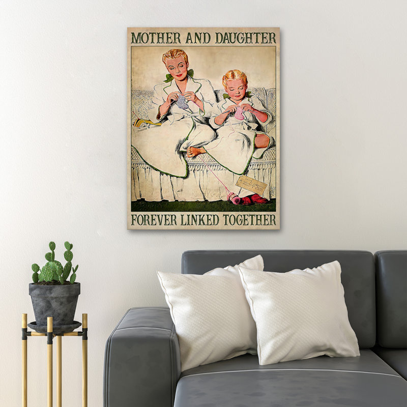 «Mother and Daughter Knitting On Canapé - Mother and Daughter Forever chaînés ensemble», 1 reproduction d'art graphique sur toile tendue