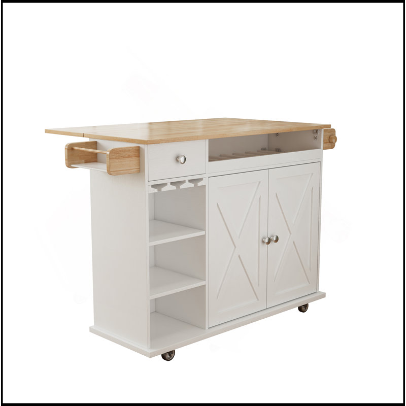 Chariot pour îlot de cuisine de 44 po avec plateau en bois massif, rangement pour le vin, porte-épices, porte-serviettes, porte-verres à vin, table à roulettes pour îlot de cuisine sur roulettes, installation sans outil, blanc et chêne