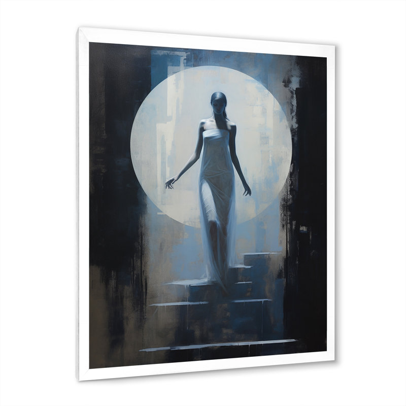 Pleine lune, descente d'escalier rétro sur toile, H 32 po x l 16 po x P 1 po, Cadre simple blanc
