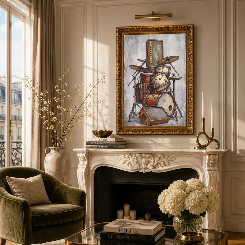 Tableau sur toile représentant une batterie vintage avec amplificateurs et cymbales, H 30 po x l 20 po