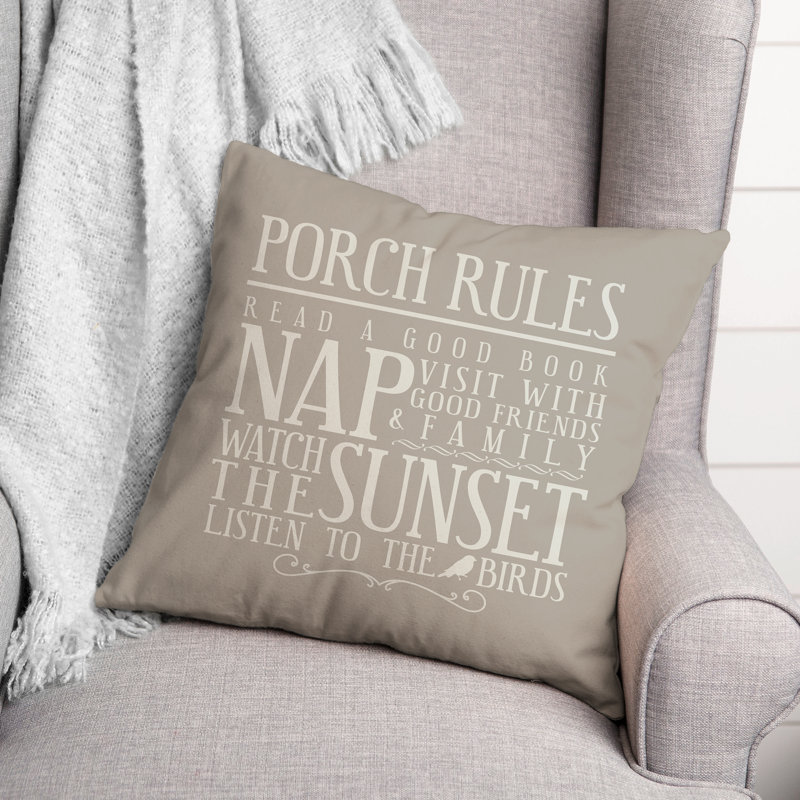 Porch Rules Outdoor Square Pillow Cover & Insert, Gray