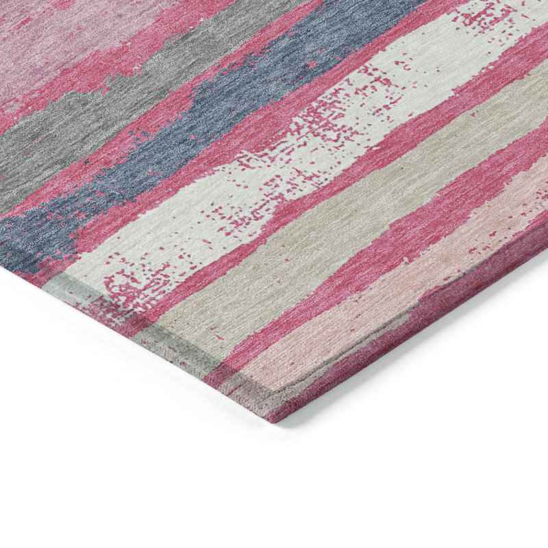 Pink and Gray Striped Washable Synthetic Area Rug