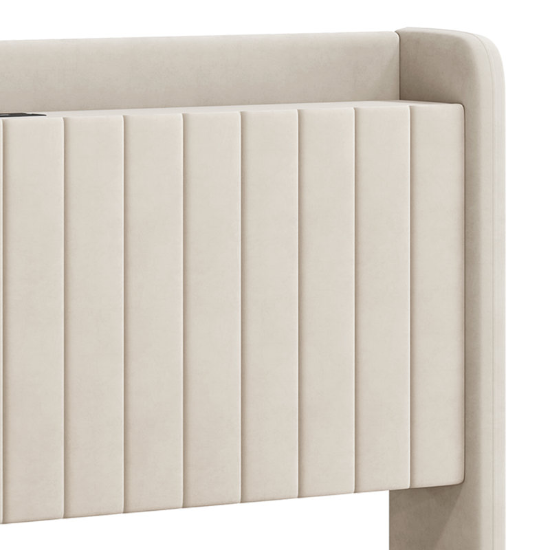 Structure de lit rembourrée avec prises de recharge et ports USB, Beige, Double