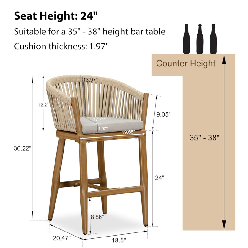 Bayou Breeze Counter Bar Stools Chair Set Of 2, Modern Aluminum Wicker Bar Chair Indoor And Outdoor, Teak