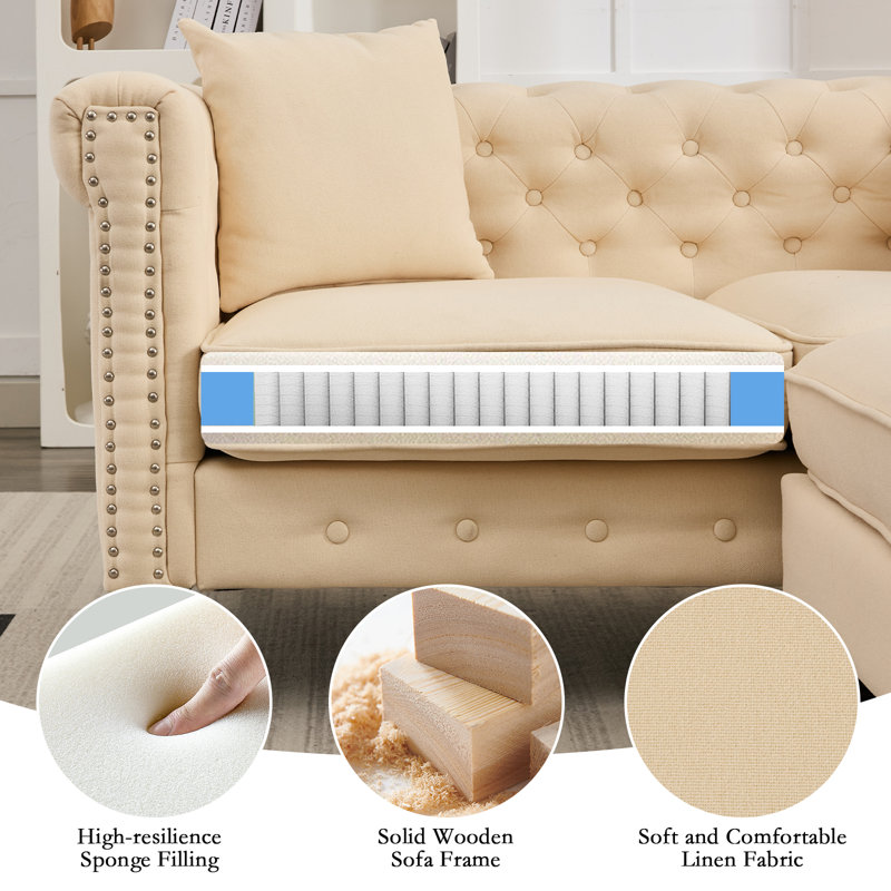 3 - Piece Upholstered L Shape Sectional Sofa Modular Sectional With Reversible Chaise , Beige Linen