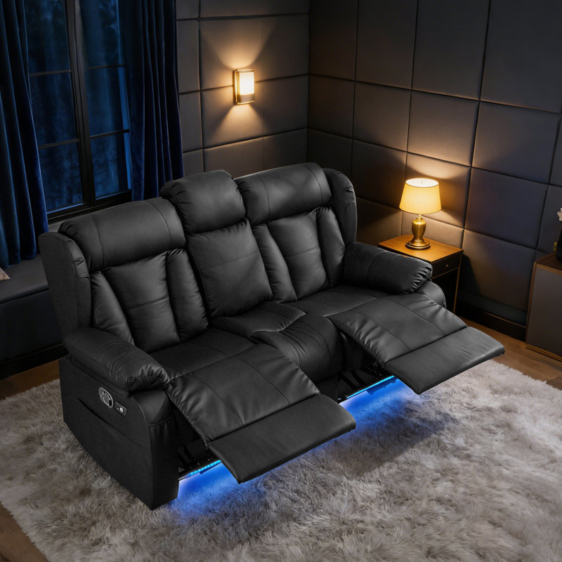 Canapé inclinable de 72,8 po avec causeuse, canapé inclinable manuel avec console, prise de courant CA et ports USB-A / USB-C, canapé VR pour salon et cinéma maison avec porte-gobelets