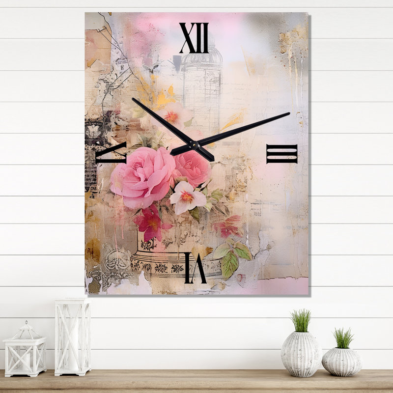 «Blossoming Pink Rose Vintage Illustration» - horloge murale rétro, Grand