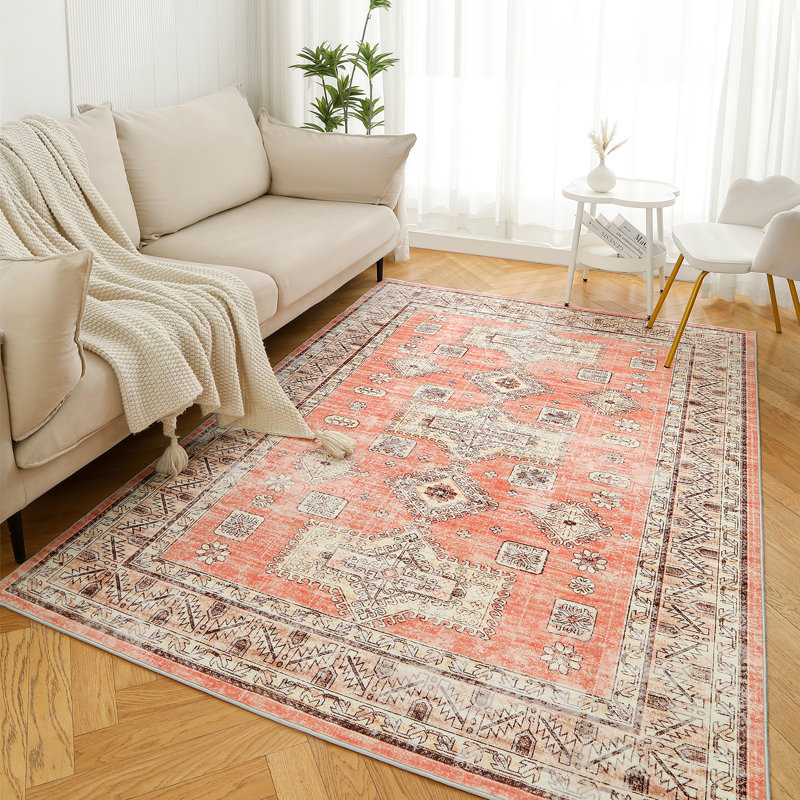 Area Rug for Living Room Washable Non-Slip Carpet, Soft Vintage Tribal Area Rugs for Bedroom Dining Room Indoor, Home Decor Carpet, Tangerine Pink