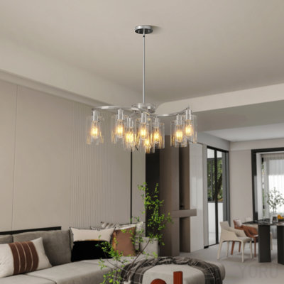 Lustre 9 lumières en verre nickel brossé, lustre de salle à manger à hauteur réglable sur table, lustre de style campagnard moderne pour îlot de cuisine, salon, chambre à coucher