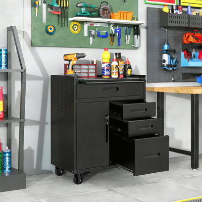 Armoire de rangement pour outils mobile avec compartiment verrouillable, 4 tiroirs et plateau en acier, organisateur de garage roulant, H 34,3 po