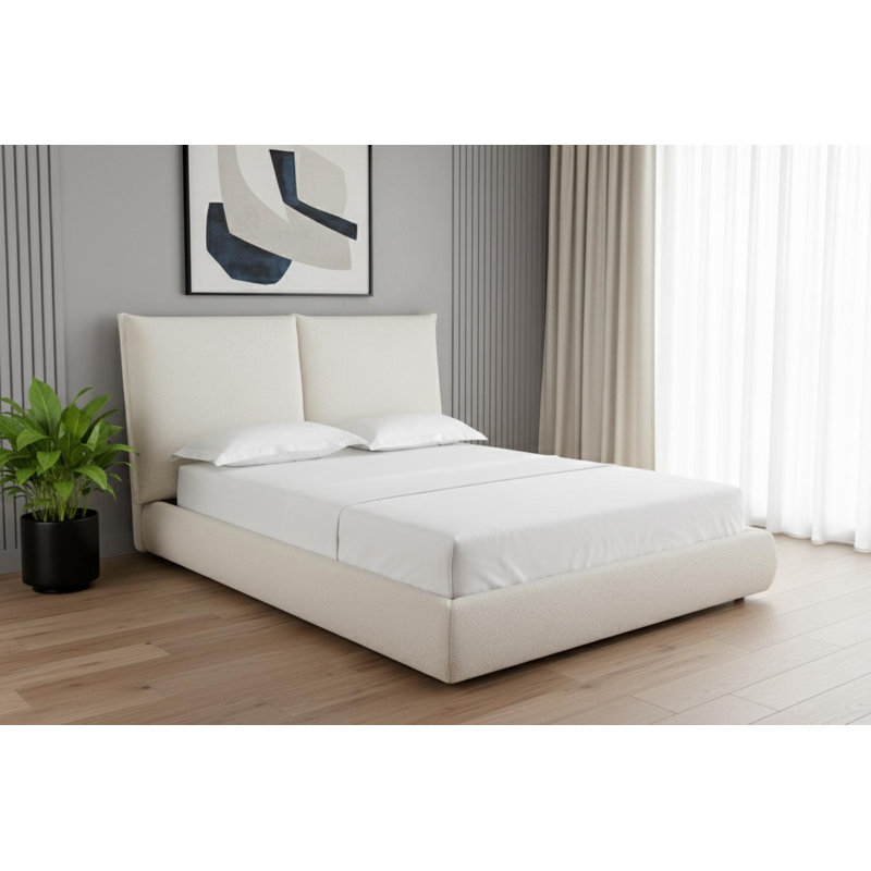Beige Tufted Boucle Queen Bed Frame
