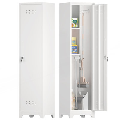 Metal Storage Cabinet, Narrow Broom Cabinet With Hooks, Slim Bathroom Storage Cabinet With Shelves