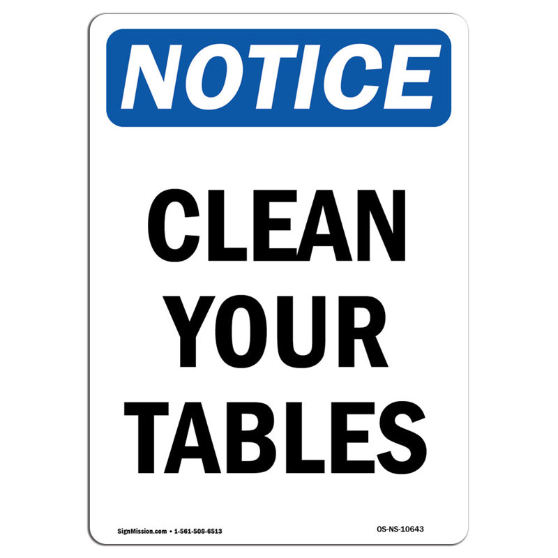 Panneau «Clean Your Tables» en aluminium 12 x 18