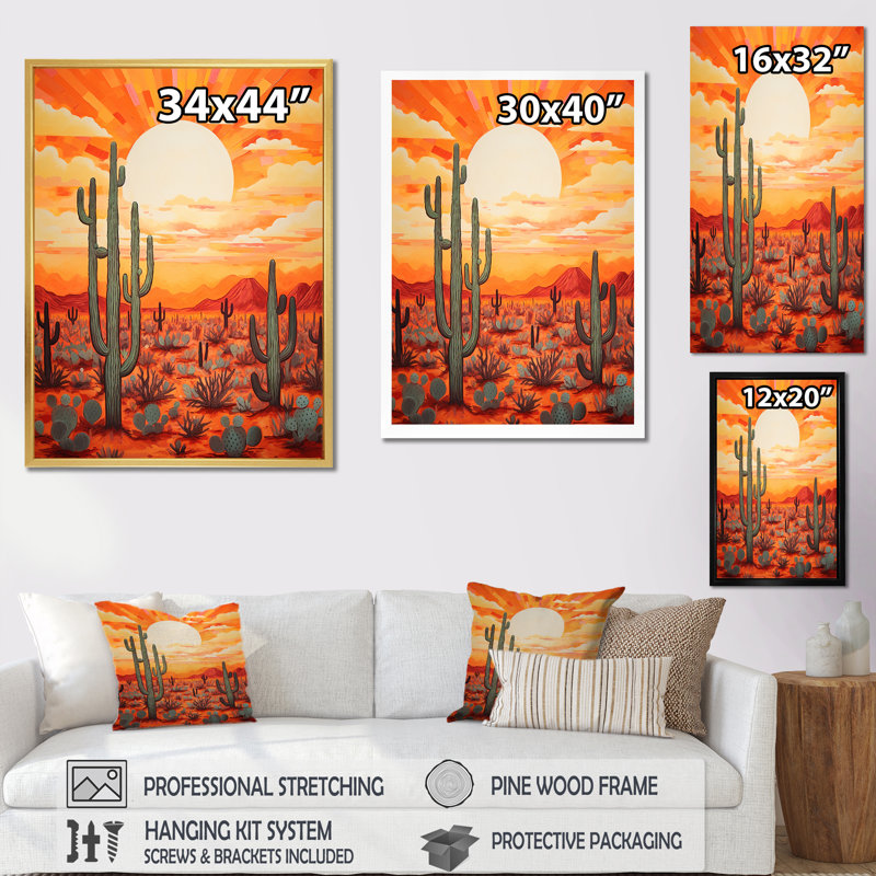 «Cactus Sunset Shadows I» sur toile, Cadre simple noir, H 20 po x l 12 po x P 1 po