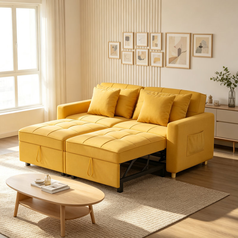 2 Seater Linen Sofa Bed, Yellow