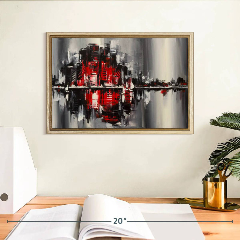 Abstract Cityscape, 13" X 9", Floating Frame Natural Wood